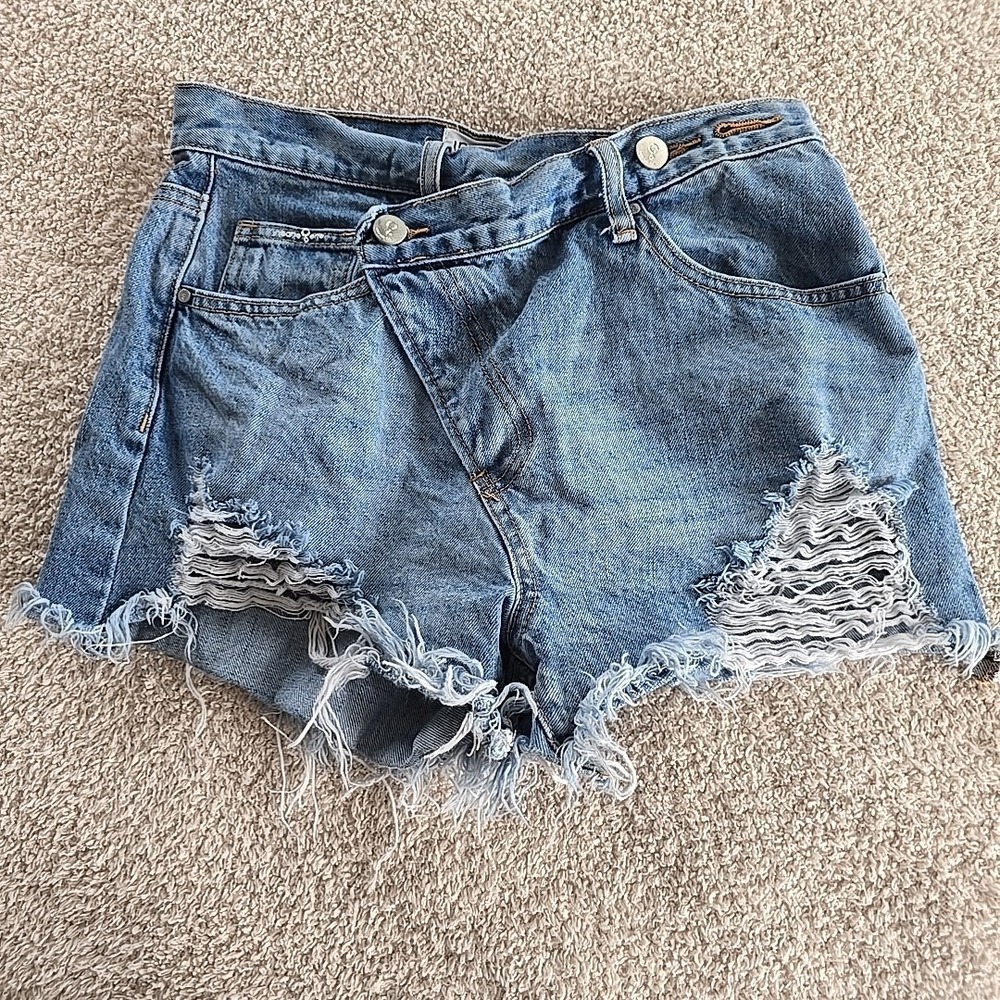 Insane Gene High-Rise Criss Crossover Shorts Distressed‎ Denim Cutoffs Size S